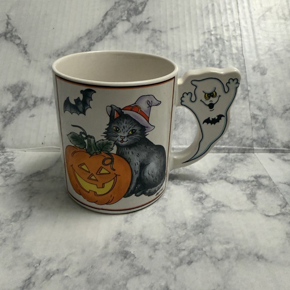 Vintage Halloween Witch Cat Pumpkin Coffee Mug Cup Ghost Handle Japan Retro - Picture 5 of 12